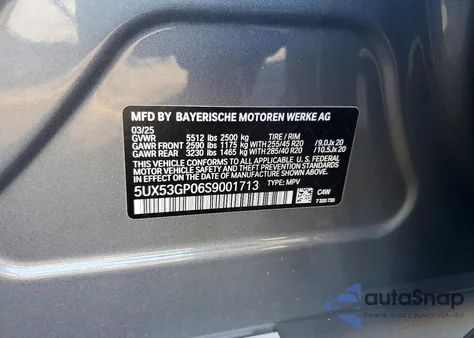 2025 BMW X3 30 xDrive из США, поврежденный, VIN 5UX53GP06S9001713